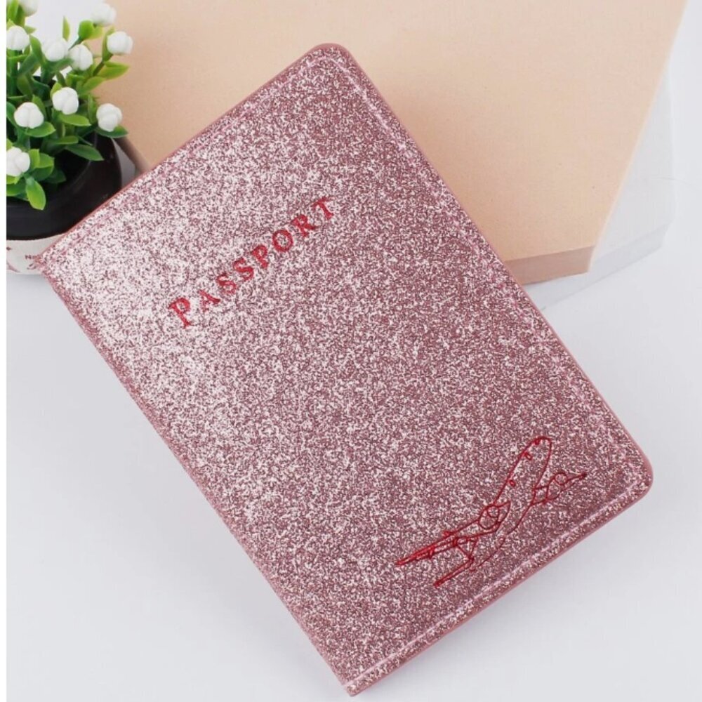 Pink Glitter Passport Holder Folder PU Leather NWT